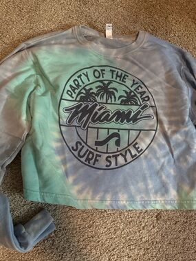 Tie-Dye Miami Surf Style Long Sleeve Thick Cropped Top - Blue & Green